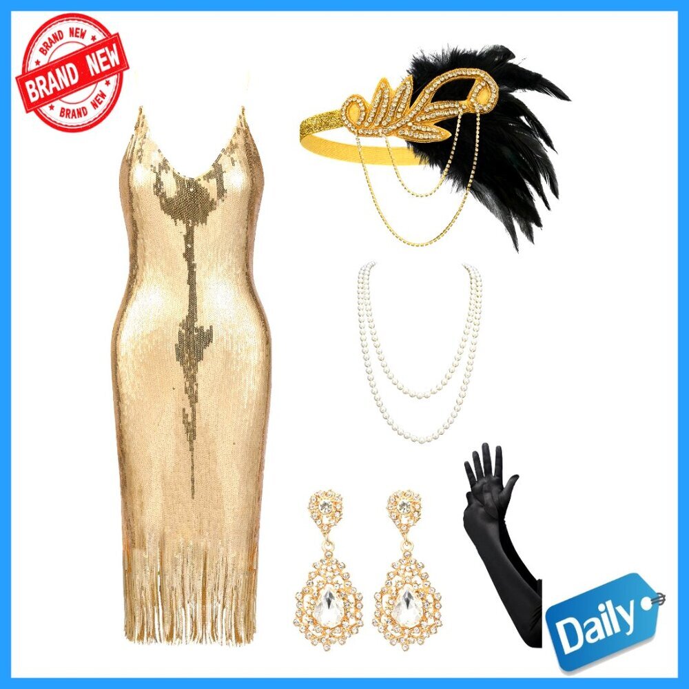 Sequined Flapper Dress with Accessories Set, Backless, Adjustable Straps, Size